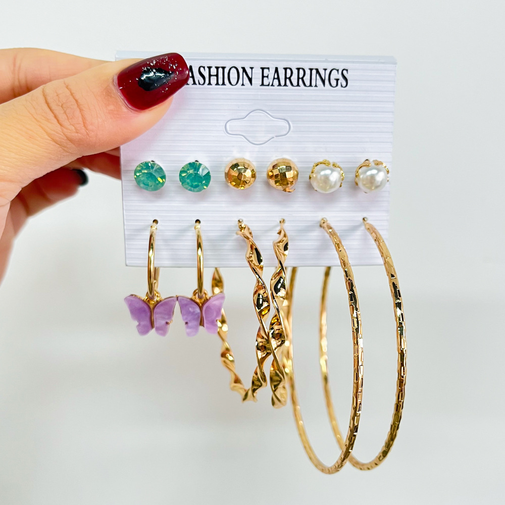 fashion butterfly inlaid pearl alloy geometric hoop earrings six-piece set