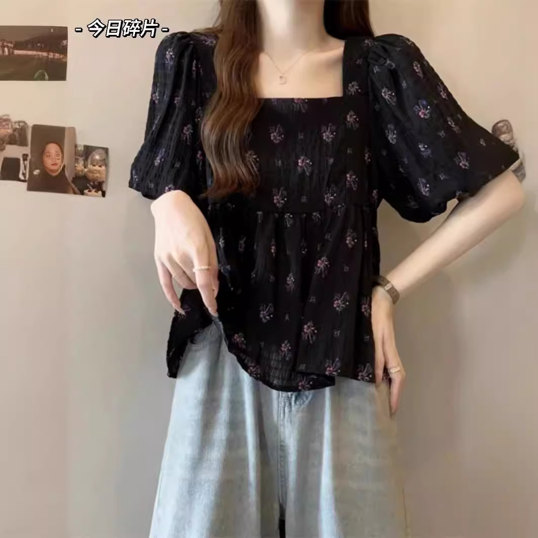 夏季大码胖mm遮肚百搭小衫碎花玫红色方领泡泡袖雪纺衬衫女娃娃衫
