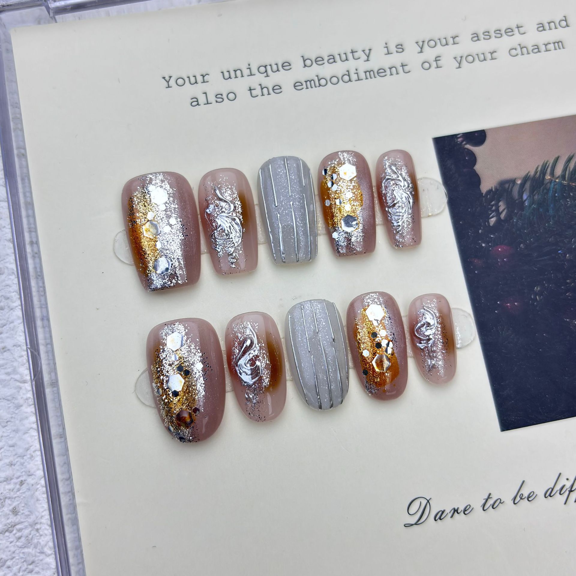 【秋之韵】焦糖水墨晕染天然贝母爆闪浮雕魔镜粉显白手工穿戴甲