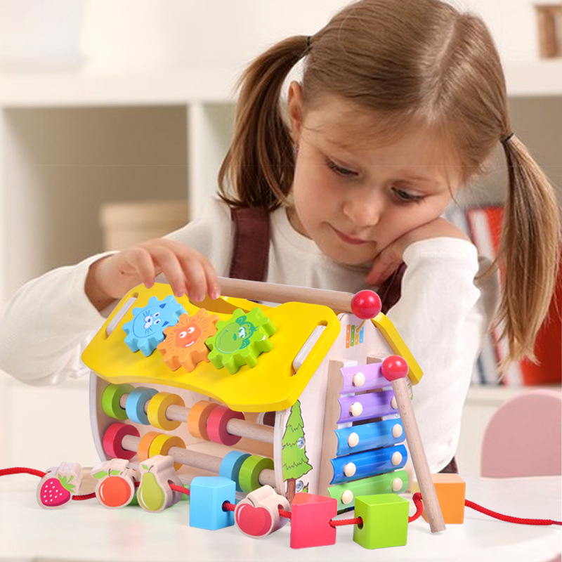 Juego de juguetes multifuncionales con forma de fruta para niños de 1 a 3 años, juguete educativo de madera con funciones de golpeteo y abalorios.