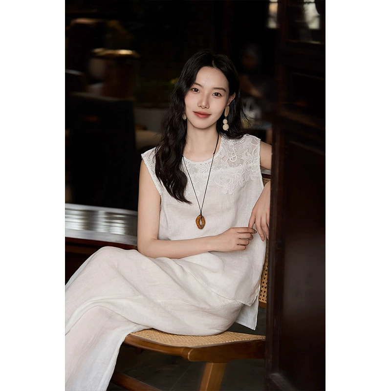 Простой и элегантный льняной костюм, простой дышащий топ/шорты/брюки для женщин.