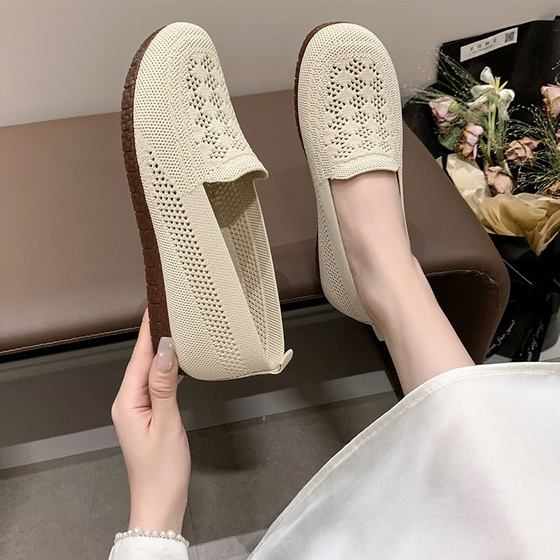 Flying Woven Soft Sole Shoes Women's 2025 New Summer Hollow Breathable Mesh Shoes Slip-on Doug Shoes Pregnant Women's Milk Shoes