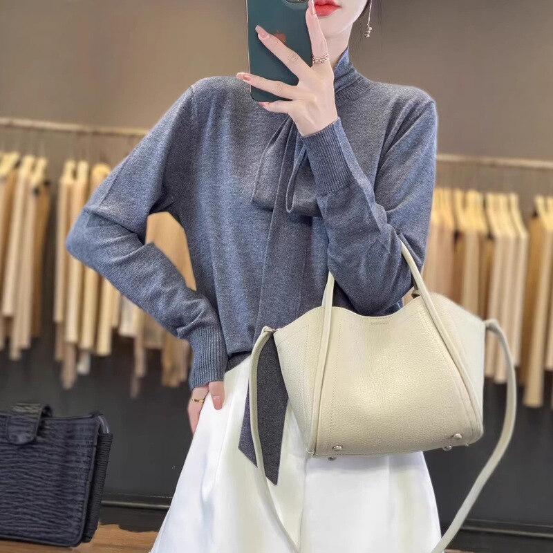 Double-Ply Fine-Spun Wool Tie-Neck Round-Neck Women's Spring and Autumn Versatile Tie-Up Base Shirt Simple and Elegant Knitwear Double-Ply Fine-Spun Wool Tie-Neck Round-Neck Women's Spring and Autumn Versatile Tie-Up Base Shirt Simple and Elegant Knitwear
