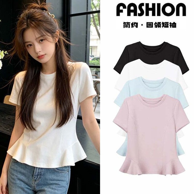 230g Ice Silk Ribbed Short-Sleeve T-Shirt for Petite Sizes, Super Stylish with Unique Summer Design and Beautiful Ruffle Edges