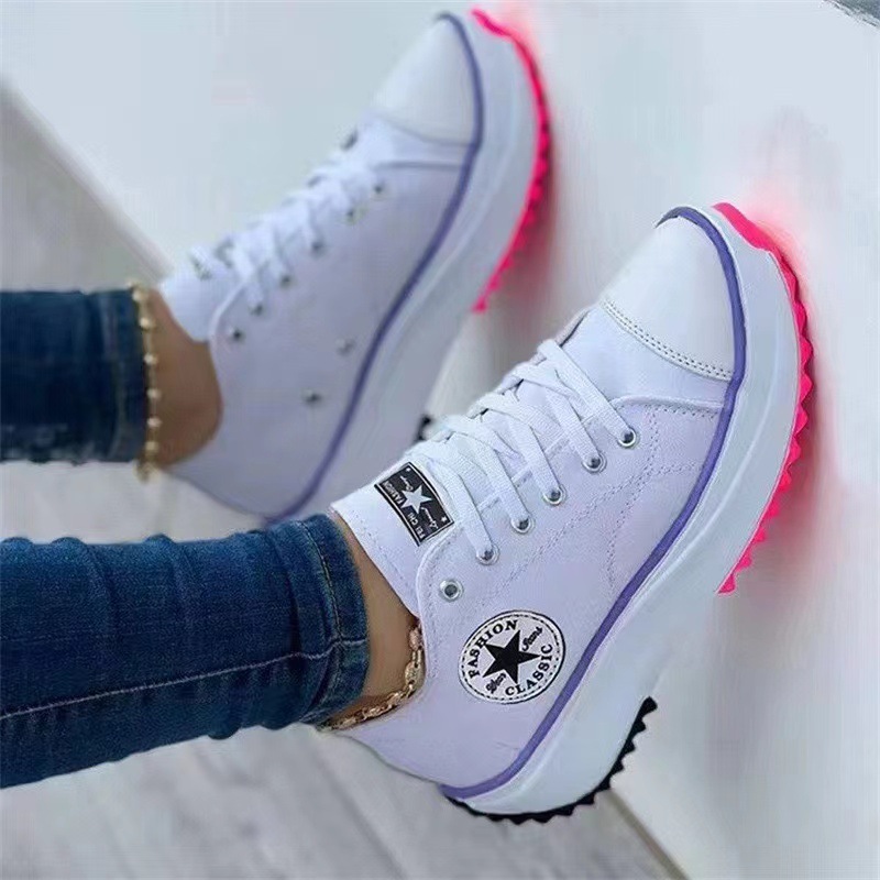 European and American Cross-border plus size Casual Shoes Women's 2024 Spring and Autumn New Solid Color Thick Bottom Lace-up Canvas Shoes Casual Shoes