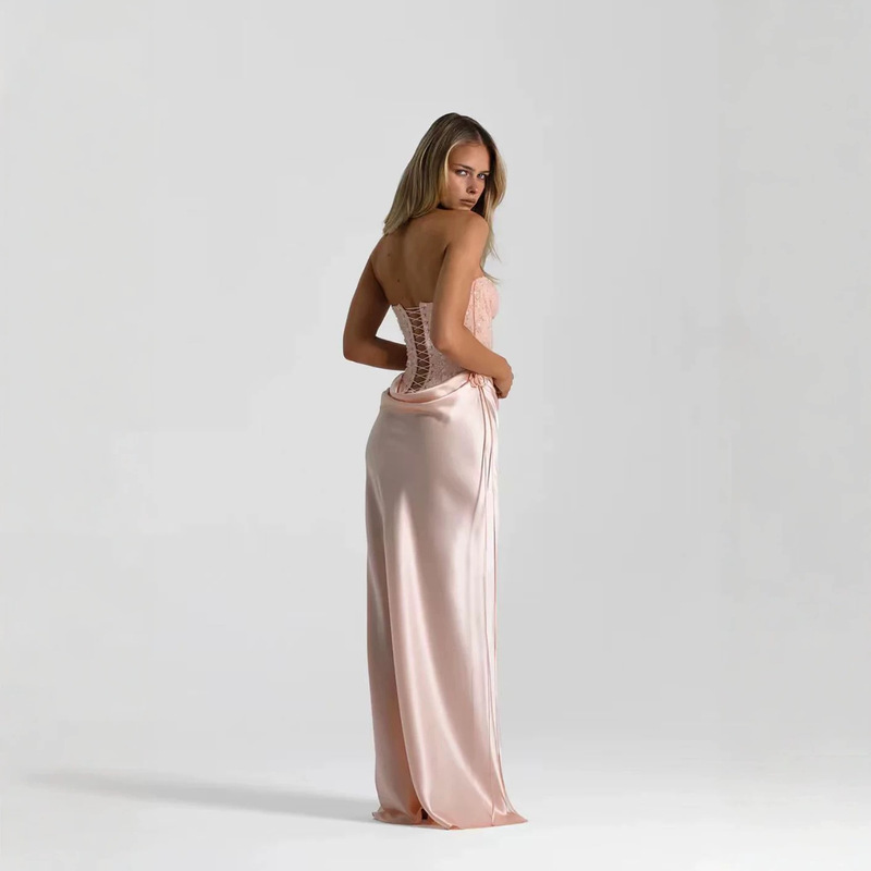 Cross-Border Light Pink Strapless Sequined Satin Evening Dress for Women, High-End Slim-Fit Mermaid Long Dress for Banquets, Weddings, and Bridesmaids
