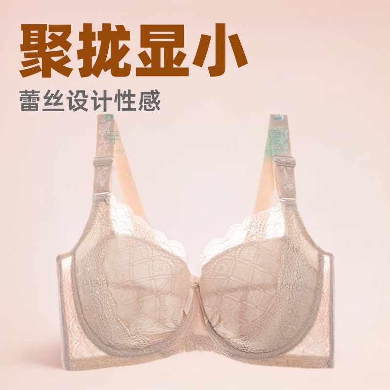 蕾丝薄款胸罩无海绵全罩杯聚拢侧收调整型大码文胸大显小内衣显瘦