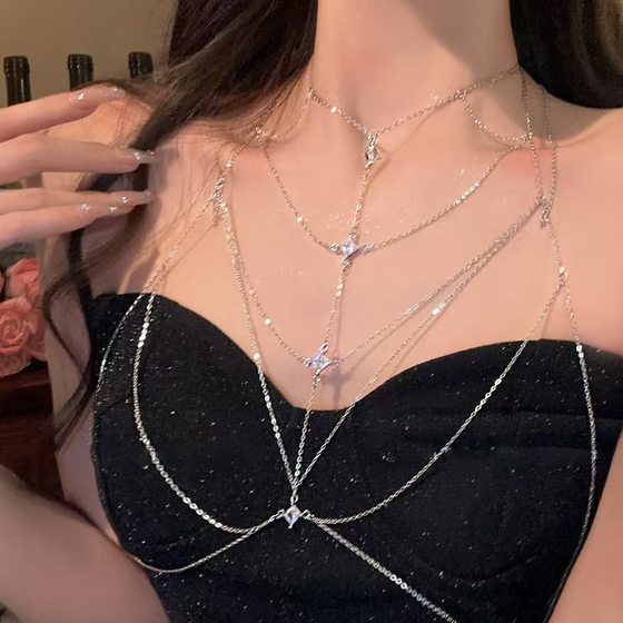 Zircon tassel multi-layer stacked chest chain shawl necklace design sense of personality temperament fashion clavicle chain necklace women's fashion