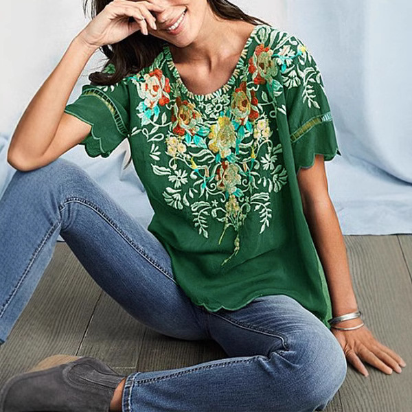 2020 Summer European and American Women's Clothing Amazon Short-Sleeved Embroidered Tops Embroidered Shirts Round Neck Shirts New Style