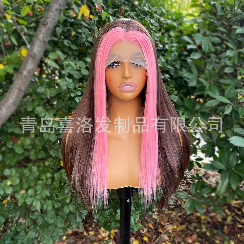 European and American Style Lace Wig 13X4 Cherry Blossom Pink Mocha Brown Long Straight Hair with Personalized Bangs Dyed Natural Hairline Wig