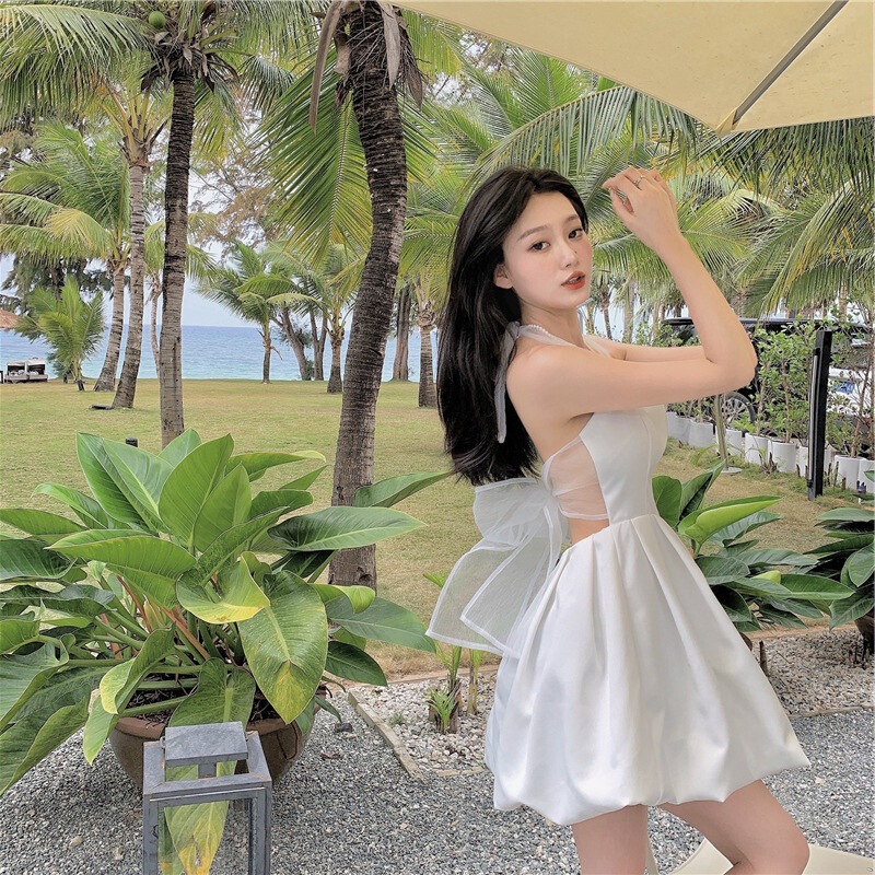 2022 New Arrival Korean Style Fashionable Slim-fit Slimming Lace-up Mesh Bow Neck Dress Women Summer Vest Dress 2022 New Arrival Korean Style Fashionable Slim-fit Slimming Lace-up Mesh Bow Neck Dress Women Summer Vest Dress