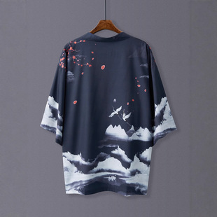 Chinese-Style Crane Print Kimono Cardigan Thin Harajuku Style Bf Loose Japanese Couple Style Feather Thin Coat