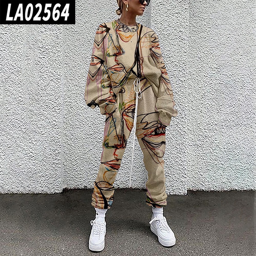 Conjunto de Sudadera Informal con Cuello Redondo y Estampado Holgado para Mujer, Estilo Europeo y Americano, Novedad de Comercio Exterior Transfronterizo para Otoño 2025