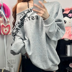 美式斜肩卫衣女款新露肩初秋穿搭早秋chic上衣2025新款秋季长袖薄