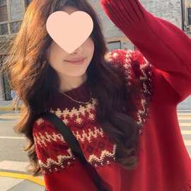 费尔岛毛衣女2025冬季新款小个子显瘦气质复古圆领加厚针织衫上衣