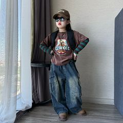 儿童秋季休闲风潮酷牛仔工装裤老爹裤中大童韩版假两件拼接袖卫衣