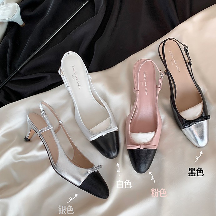 【Grape Mom】French Style Sweetheart ~ Genuine Leather Bowknot Color-Block Open-Back Stiletto Closed-Toe Sandals for Women Commuting Ol