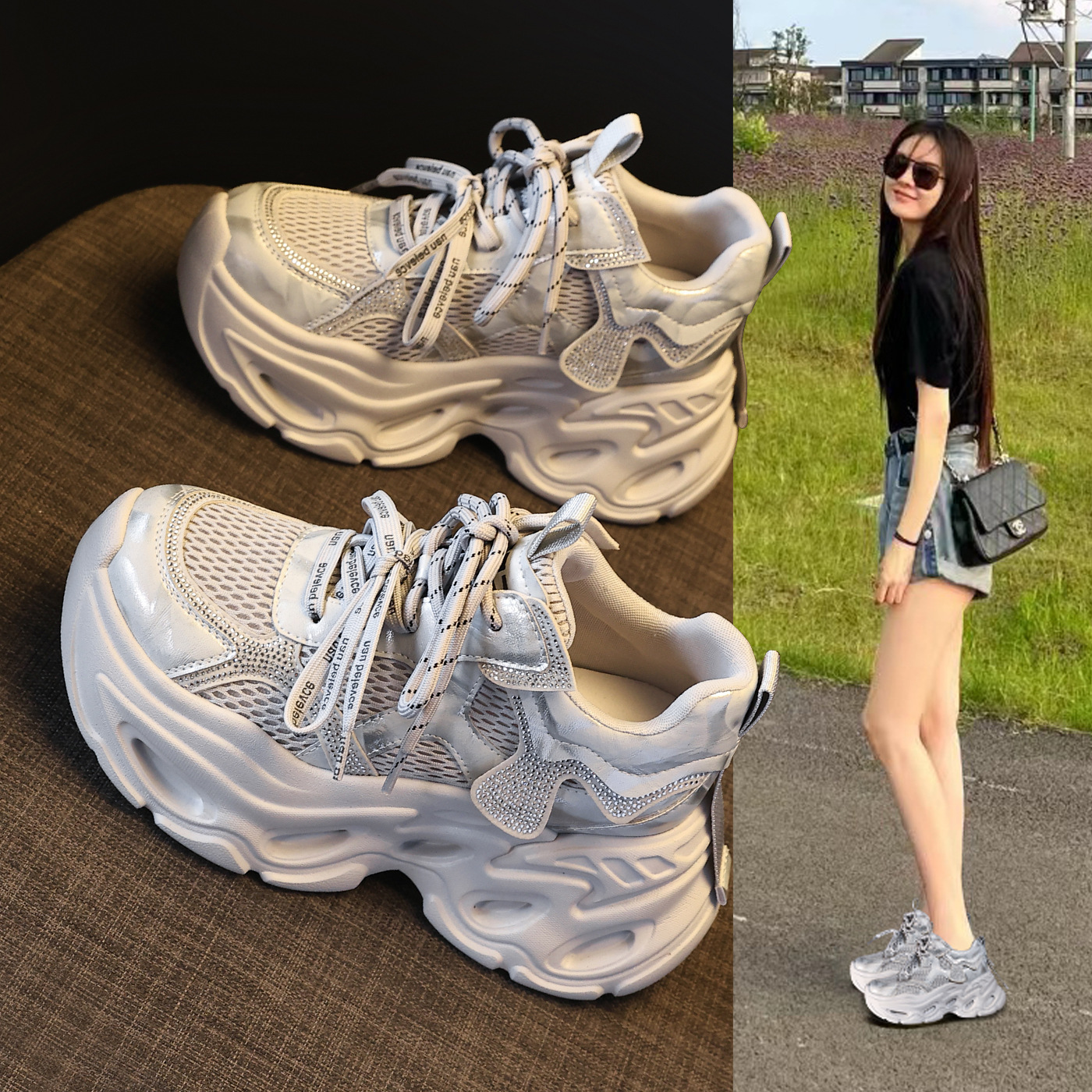 Giày sneaker nữ chunky đế dày tăng chiều cao, đính đá rhinestone, phong cách thể thao — Màu súng