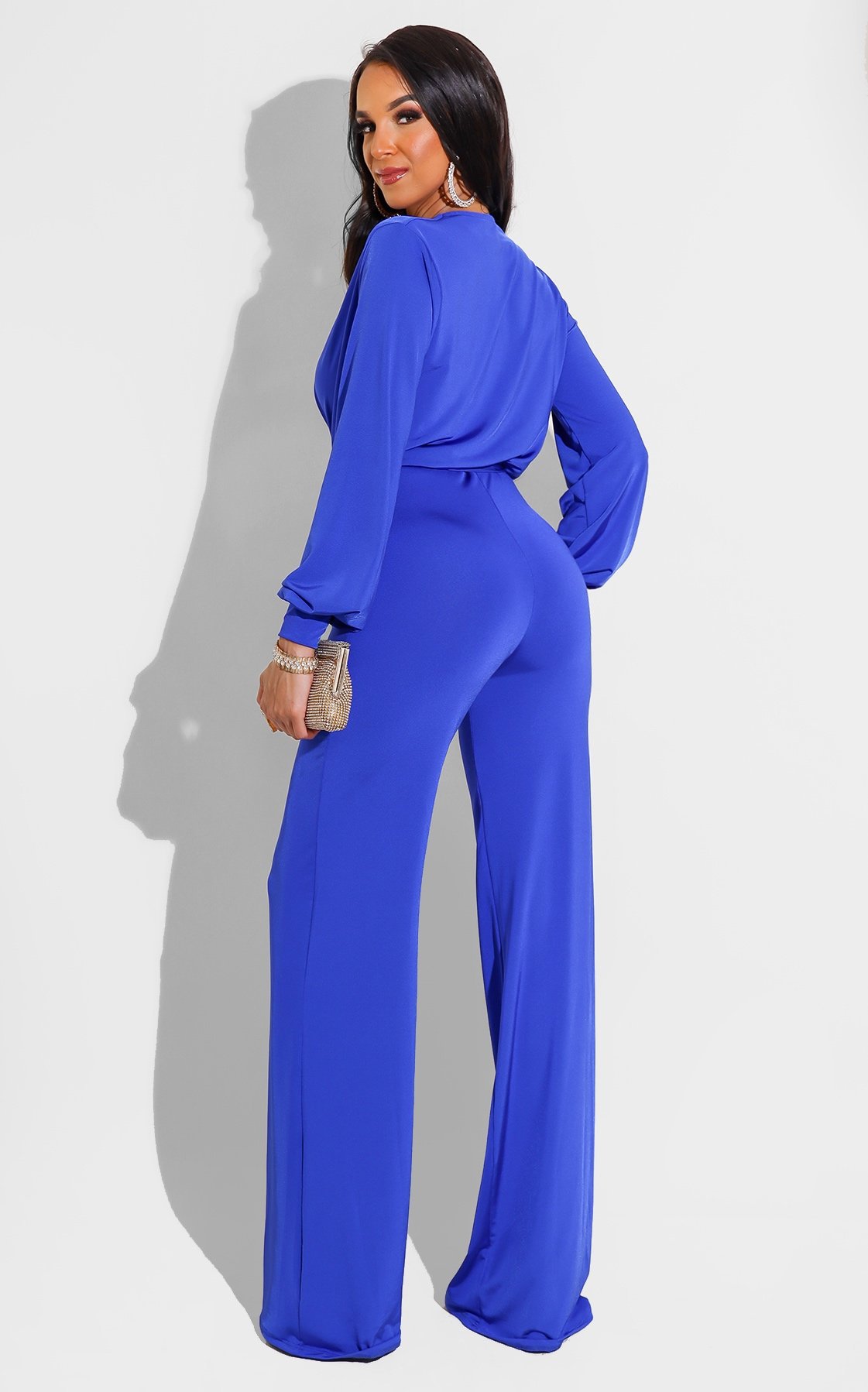 Solid Color Long-Sleeved V-Neck Jumpsuit NSMRF116727