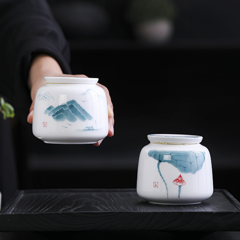 跨境陶瓷羊脂玉白瓷手绘陶瓷茶叶罐小号家用防潮密封罐子定制logo