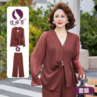 时尚妈妈装两件套直筒裤春夏新款透视拼接长袖洋气中老年女装套装
