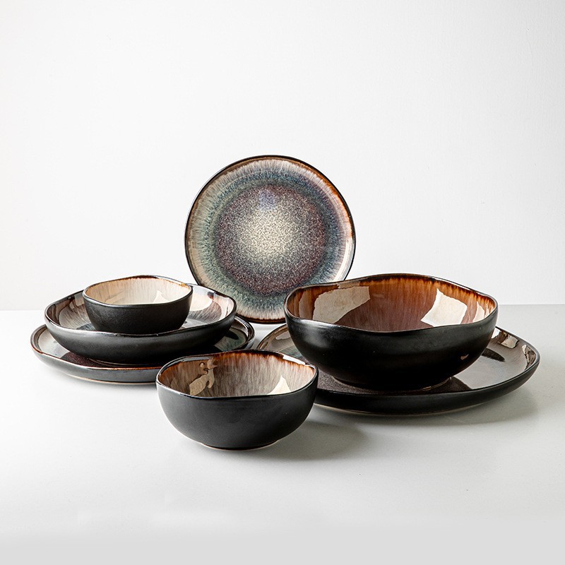 Llama transfronteriza horno esmaltado cubiertos graduados irregulares platos de cerámica platos exportación de porcelana vintage europea y americana única