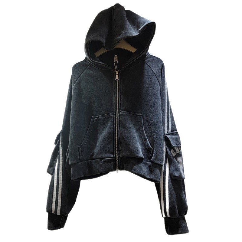 Vintage gris de manga larga chaqueta encapuchada abrigo de mujer relajado estilo delgado corto abrigo