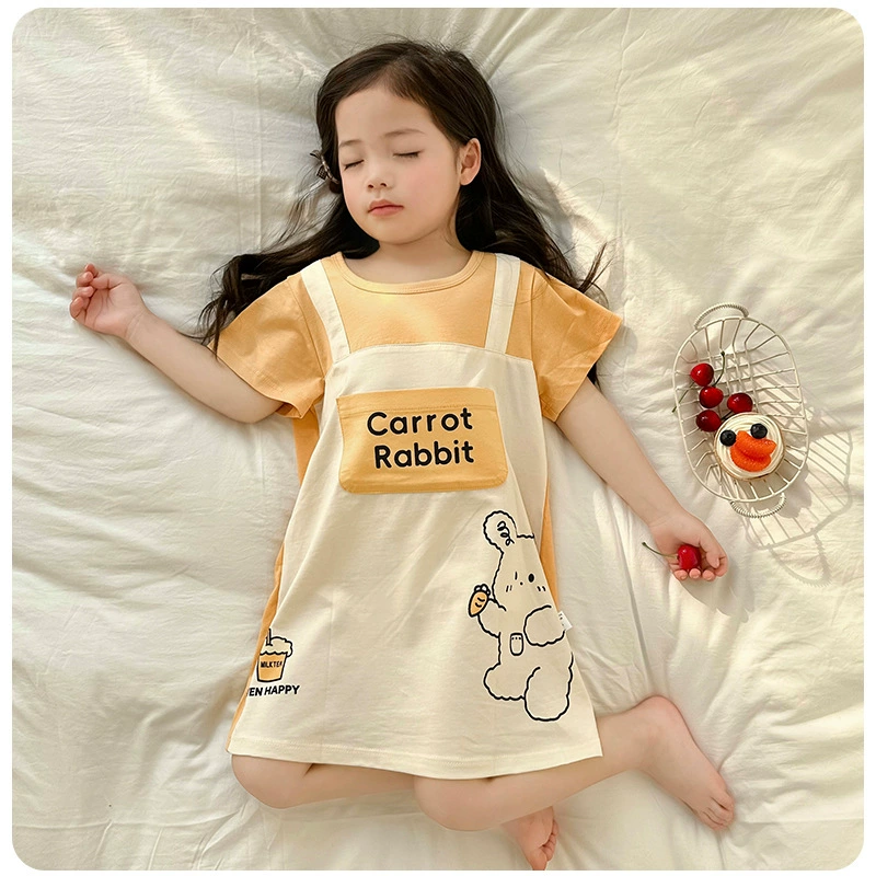 Ночная юбка для девочек весной и летом хлопок с короткими рукавами мягкие дети весна и лето хлопок девочки большие дети поддельные ремни пижамы новый стиль