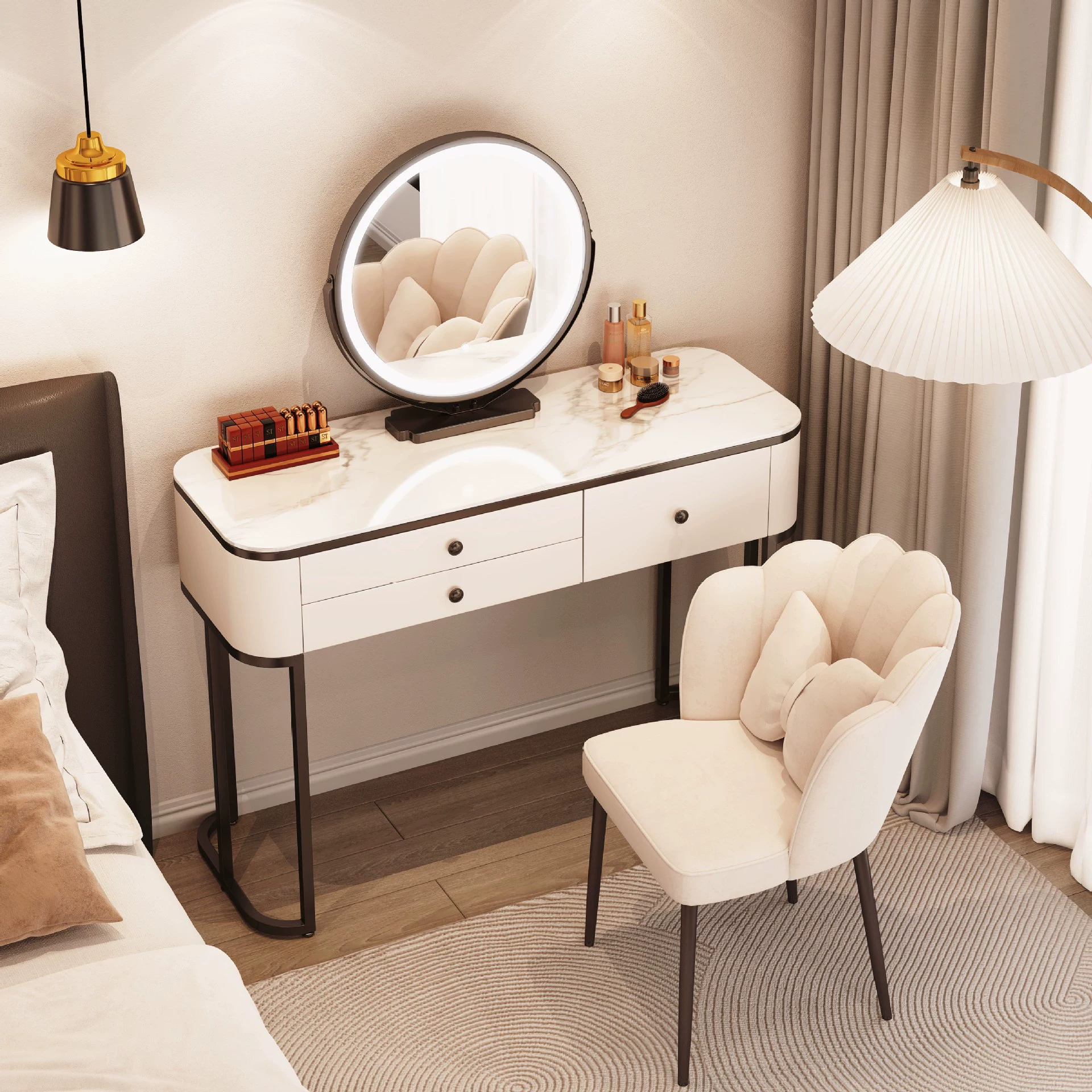 Туалетный столик из цельной деревянной плиты для спальни, легкий роскошный современный минималистичный туалетный столик для маленькой квартиры в кремовом стиле, интернет-знаменитости.