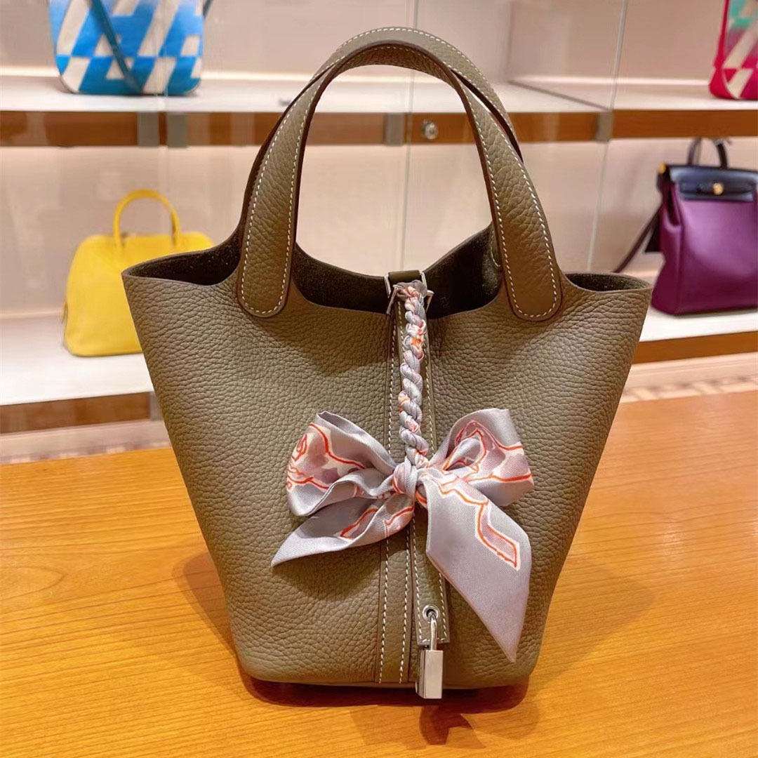 すべての手作りワックス糸縫製バスケットの女性バッグTCレイシ紋小牛皮18/22cm高級手提げバケツバッグ