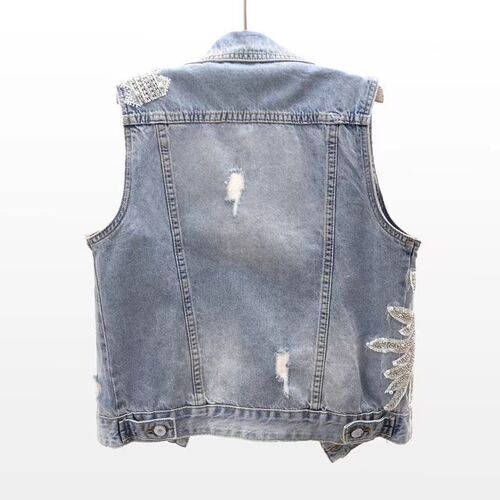  Spring New Korean-Style Lace Beaded Denim Vest Women's Short Sleeveless Waistcoat Jacket Top Trendy Shoulder Pad Style