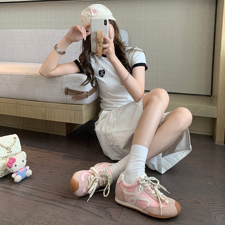 牛皮版~7cm厚底内增高鞋子复古歪头鸳鸯带休闲运动鞋女阿甘德训鞋|undefined