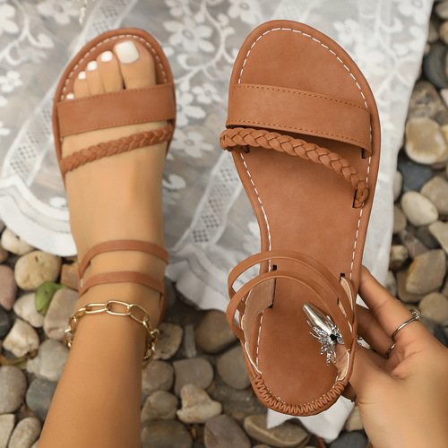 Cross-border foreign trade large size 2025 women's flat sandals summer new style woven belt elastic belt all-matching beach sandals