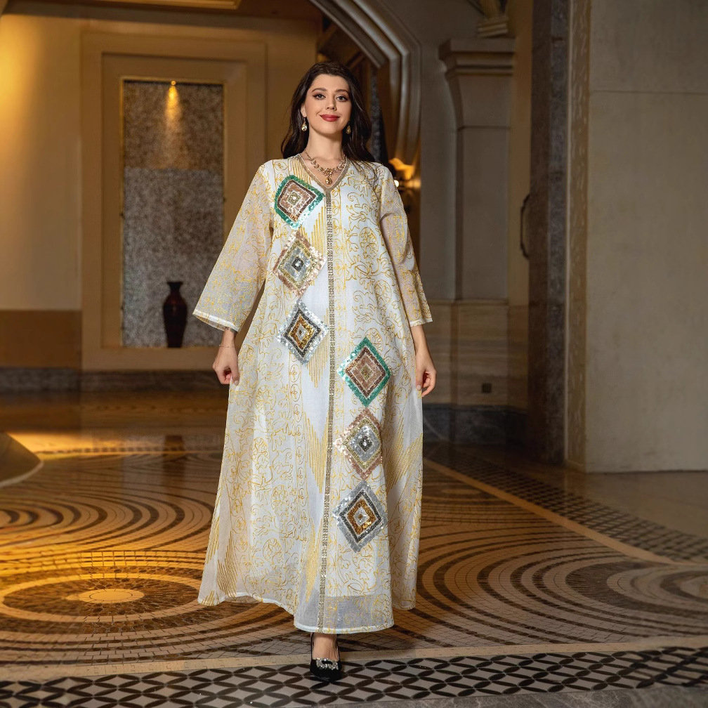LN347 Long Robe Cross-border Mesh Embroidered Beaded Floral Dress, Elegant Turkish Dress