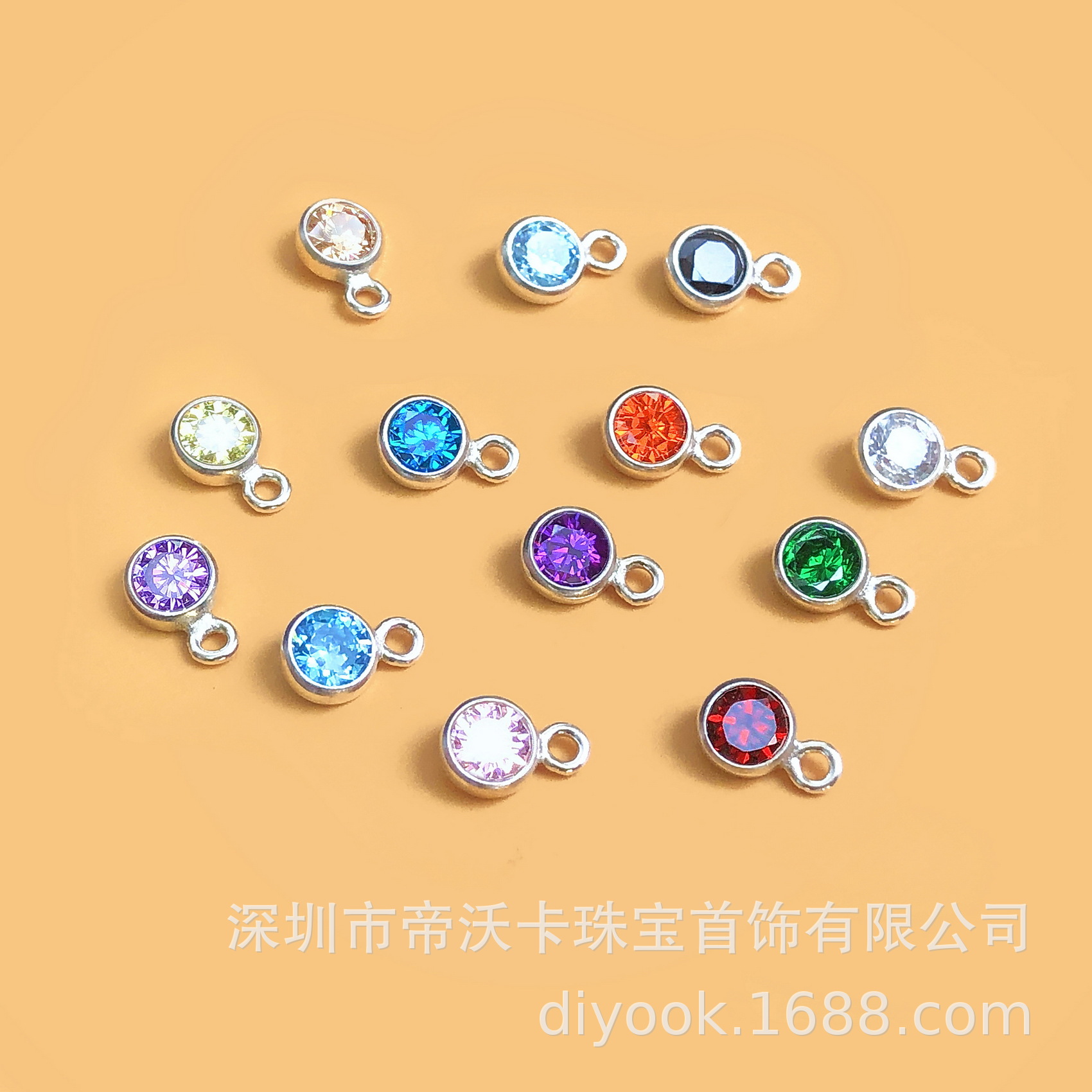 美国925纯银单环3mm尖底锆石吊坠尾坠闪钻生辰石挂件DIY配件