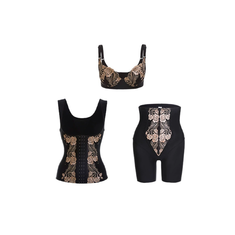 Split corrective bodysuit, set full-body for weight loss, trousers, waist belt, for beauty salons, with embroidery, high waist, 3 piece set