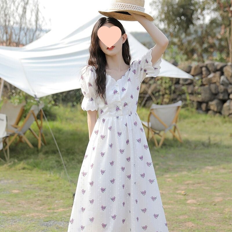 Sweet Floral Fairy Dress for Women, New Summer Korean Style Artistic Lady Dress, White Long Dress