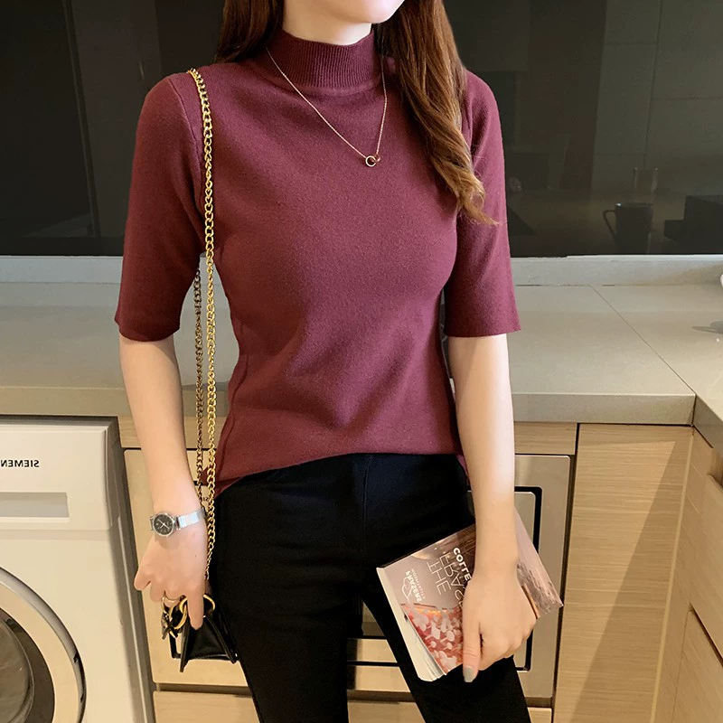 2025 новая осенняя женская рубашка с полувысоким воротником, облегающий внутренний пуловер из трикотажа, тонкая трикотажная одежда со средними рукавами