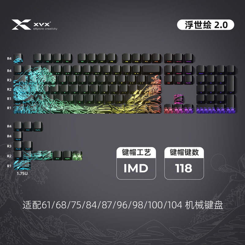 XVX 浮世絵 2.0 キーキャップ imd クラフトサイド彫刻文字パターン半透明カスタマイズされたメカニカルキーボードキャップクロスボーダー|undefined