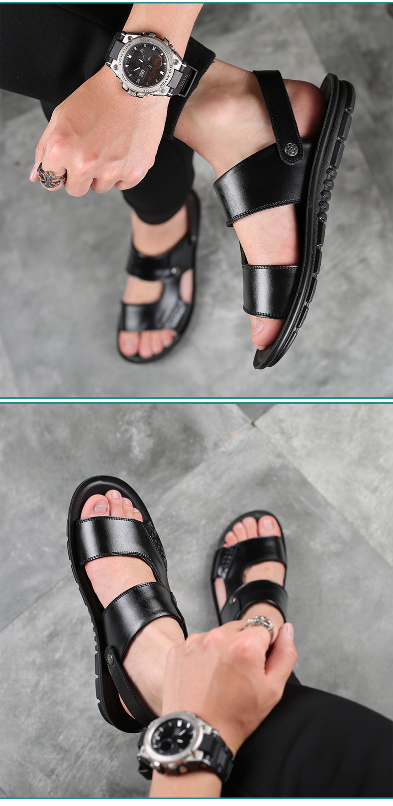 Men’s Genuine Leather 2-in-1 Sandals, Rotatable Metal Buckle Back Strap Casual Walking Slides_vogvips.com
