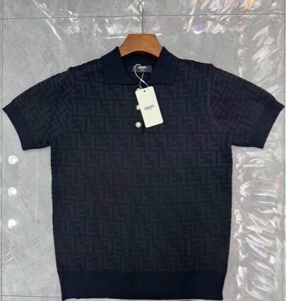 Ceiling Brand European and American Trendy Brand Polo Short-Sleeve Knit Shirt with Full Embossed Jacquard Fendi Men's Clothing Ceiling Brand European and American Trendy Brand Polo Short-Sleeve Knit Shirt with Full Embossed Jacquard Fendi Men's Clothing