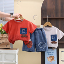 2025夏装新款卡通小熊短袖棉T恤牛仔短裤两件套1-5岁男童夏季套装