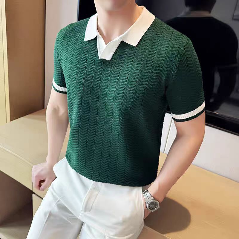 撞色翻领针织短袖poIo衫男高级感商务休闲T恤ins潮牌小v领打底衫|undefined