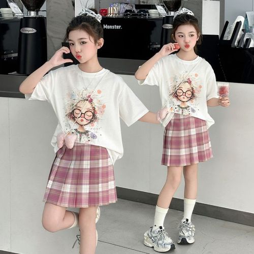 Children's clothing for older girls, 2025 girls' short-sleeve T-shirts for older children, girls' summer JK style dresses, two pieces