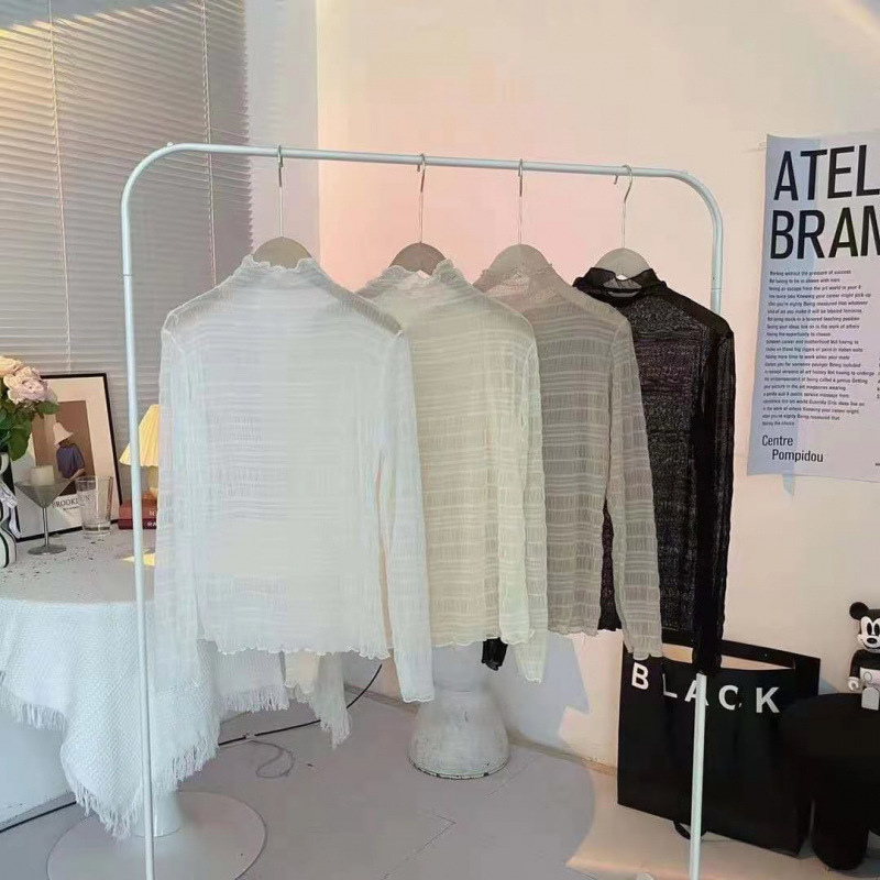 泡泡蕾丝网纱打底衫女半高领春秋季钢琴纹褶皱性感时尚内搭打底衫