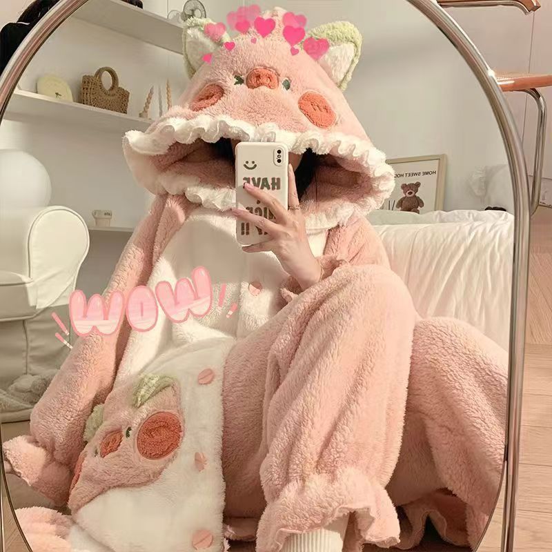 睡衣女秋冬季睡袍加厚保暖可爱珊瑚绒浴袍韩版可外穿中长款家居服|undefined