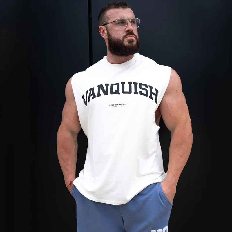 VANQUISH Men's Vest Summer New Cotton Round Neck Sleeveless T-shirt Gym Sports Running Training Clothes