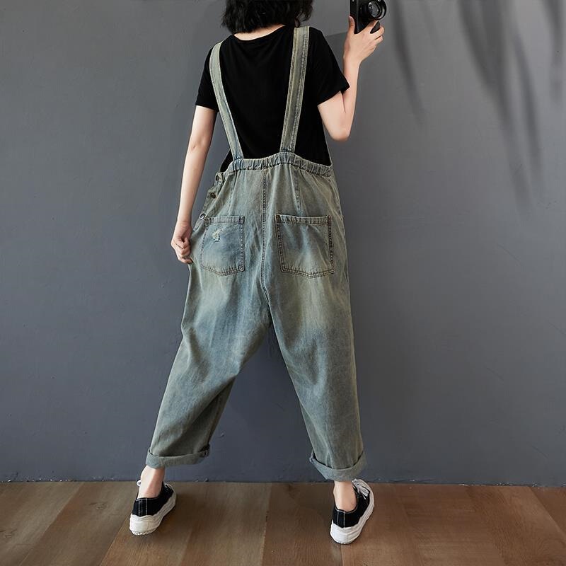 Artistic Autumn Jumpsuit Long Pants Unique New Style 0 Denim Overalls for Women with Holes Vintage Loose Distressed Color 202