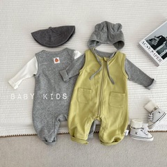 【1068人コレクション】ins春秋男女赤ちゃん袖なし全開ボタンワンピース赤ちゃんグレー外着ハ