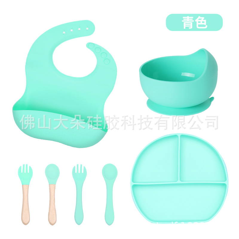 Precio bajo de la fábrica libre combinación de silicona bebé placa niños suplemento alimenticio tazón cuchara taza de agua babero traje